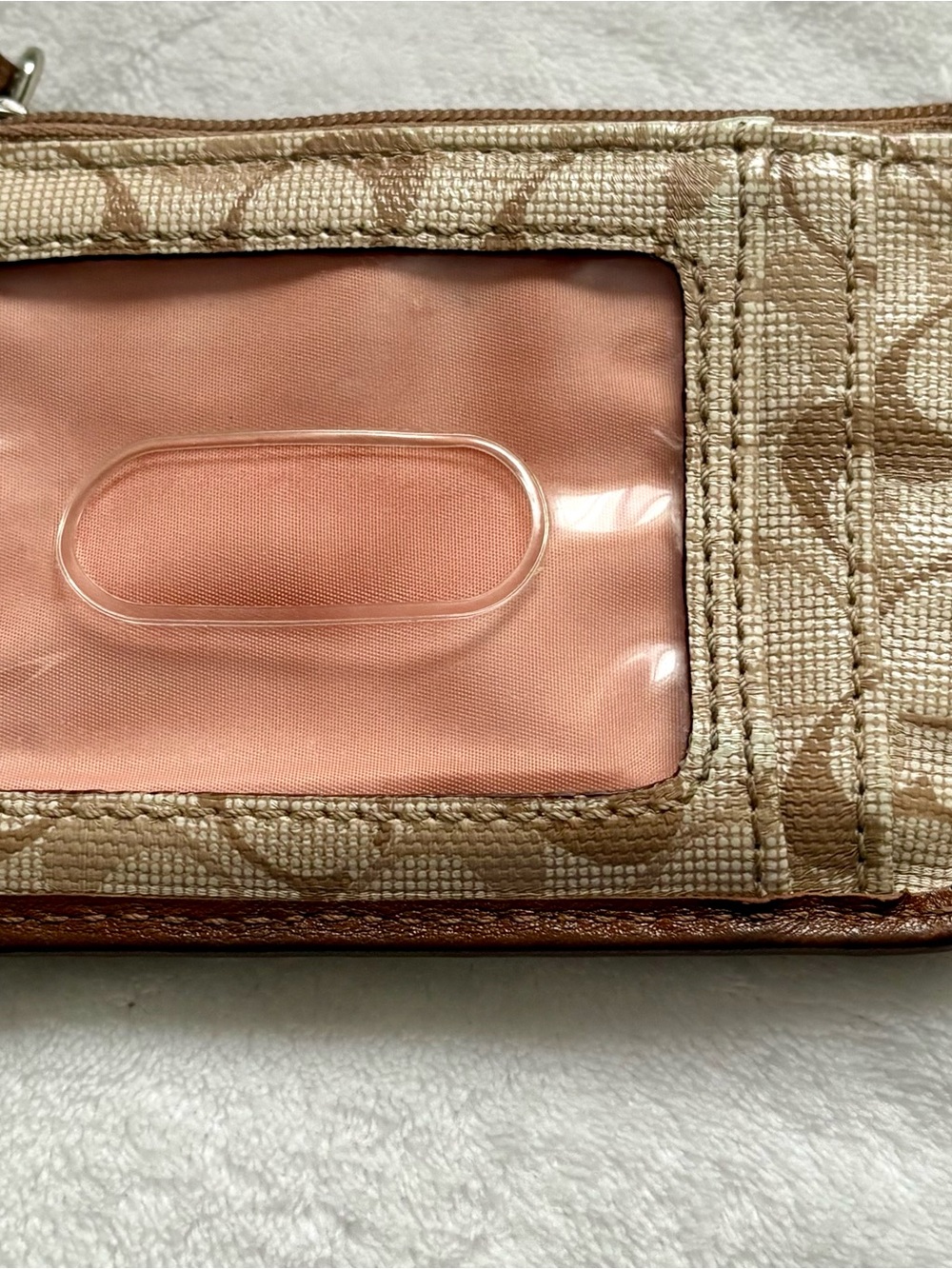 Coach Beige Signature Canvas ID Wallet with Peach Interior Window